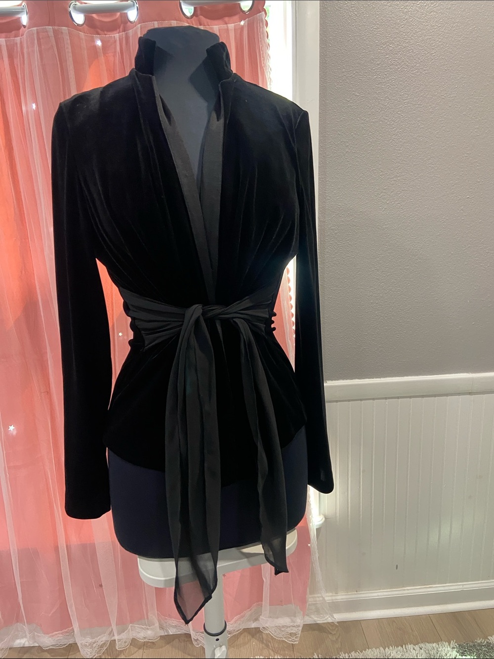 MSK Black Velvet Wrap Blazer with Sheer Waist Tie size S